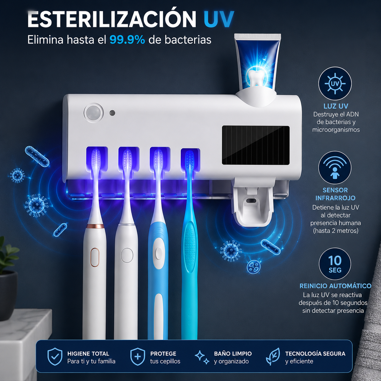 Dispensador Crema Dental y esterilizador UV de cepillo de dientes